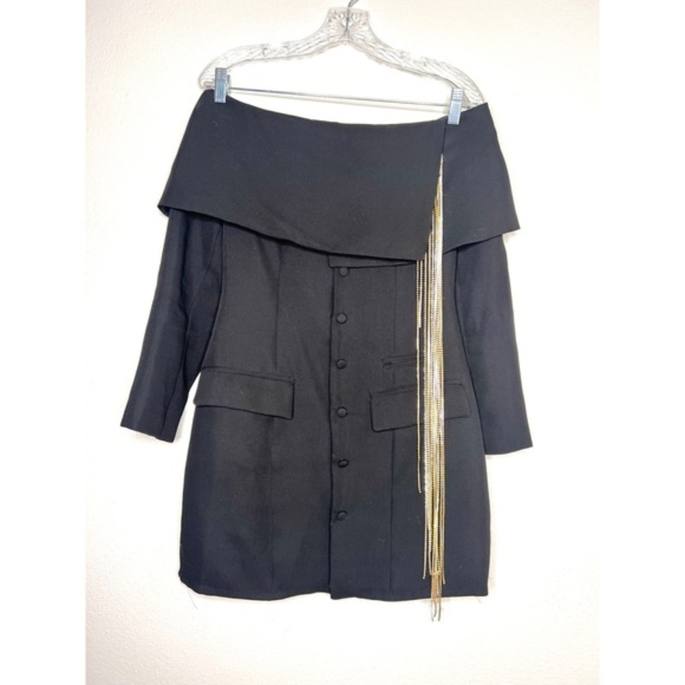 Ma‎ Cherie Black Off The Shoulder Blazer Mini Dress Rhinestone Fringe  Small